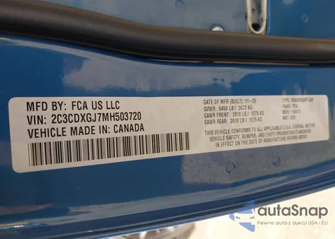 2021 Dodge Charger Scat Pack Rwd z USA, uszkodzony, nr VIN 2C3CDXGJ7MH503720